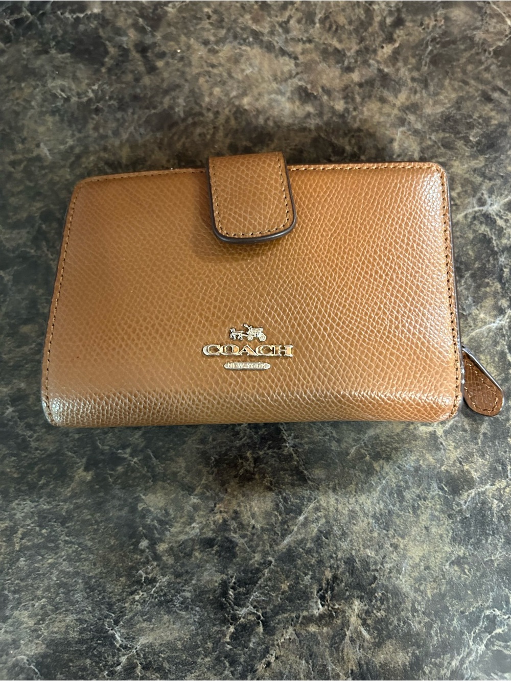 COACH Brown Pebble Leather Zip & Snap Wallet